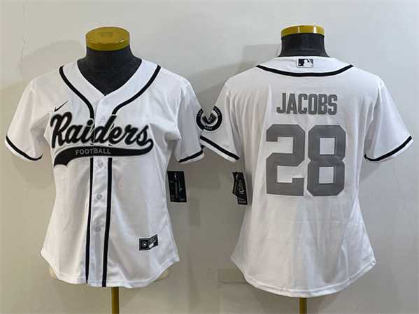 Women%27s Las Vegas Raiders #28 Josh Jacobs White Silver With Patch Cool Base Stitched Baseball Jersey